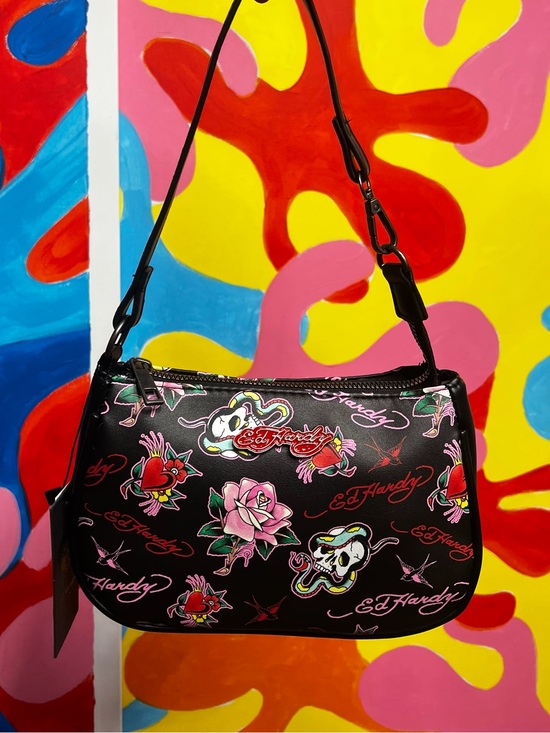 Ed hardy pink shoulder - Gem Ed Hardy Black Shoulder Bag with Pink Rose & Multi Tattoo Prints